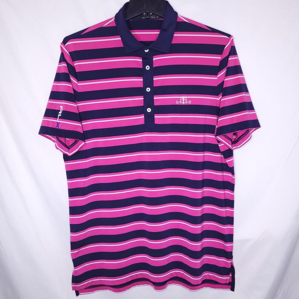 RLX Polo Shirt Mens Large Striped Pink, Navy Performance Golf